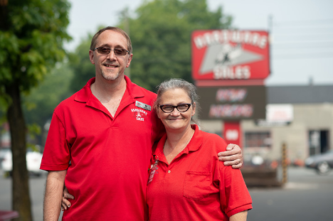 Two people in red t-shirts